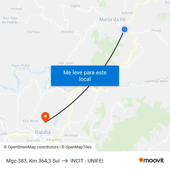 Mgc-383, Km 364,3 Sul to INCIT - UNIFEI map