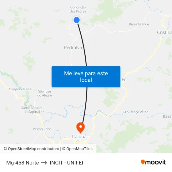 Mg-458 Norte to INCIT - UNIFEI map