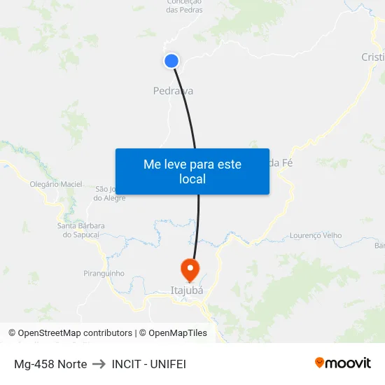 Mg-458 Norte to INCIT - UNIFEI map