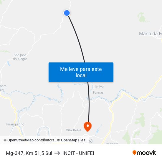 Mg-347, Km 51,5 Sul to INCIT - UNIFEI map