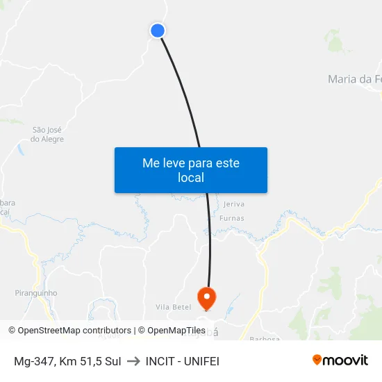 Mg-347, Km 51,5 Sul to INCIT - UNIFEI map