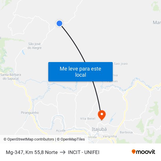 Mg-347, Km 55,8 Norte to INCIT - UNIFEI map