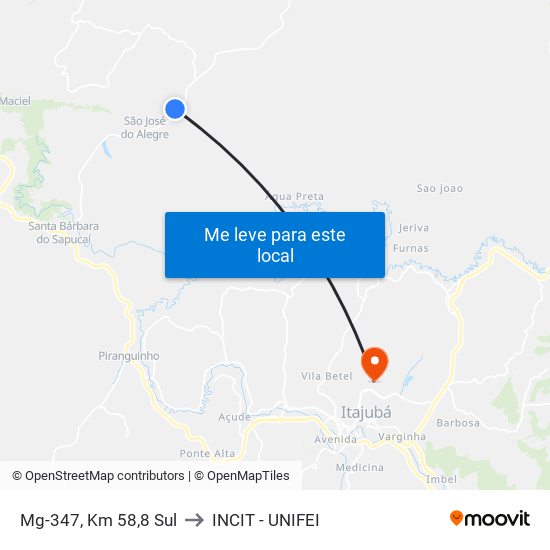 Mg-347, Km 58,8 Sul to INCIT - UNIFEI map