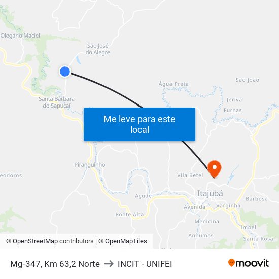 Mg-347, Km 63,2 Norte to INCIT - UNIFEI map