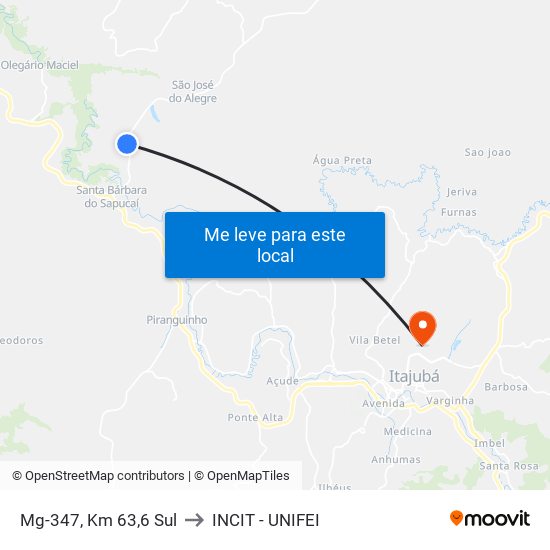 Mg-347, Km 63,6 Sul to INCIT - UNIFEI map