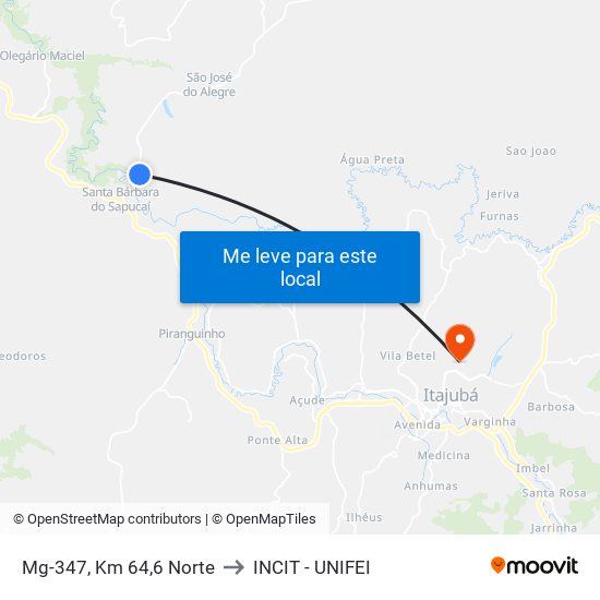 Mg-347, Km 64,6 Norte to INCIT - UNIFEI map