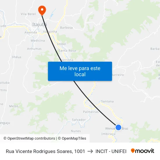 Rua Vicente Rodrigues Soares, 1001 to INCIT - UNIFEI map
