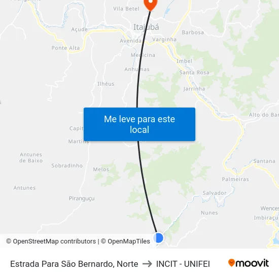 Estrada Para São Bernardo, Norte to INCIT - UNIFEI map