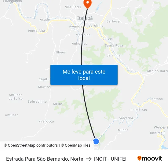 Estrada Para São Bernardo, Norte to INCIT - UNIFEI map