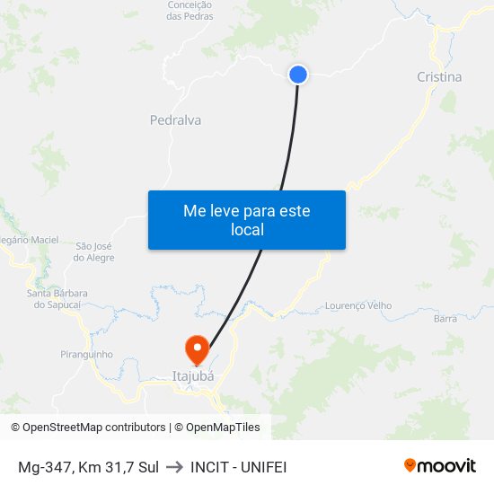 Mg-347, Km 31,7 Sul to INCIT - UNIFEI map