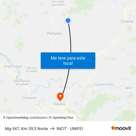 Mg-347, Km 39,5 Norte to INCIT - UNIFEI map