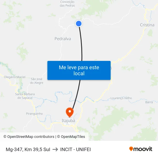 Mg-347, Km 39,5 Sul to INCIT - UNIFEI map