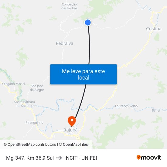 Mg-347, Km 36,9 Sul to INCIT - UNIFEI map