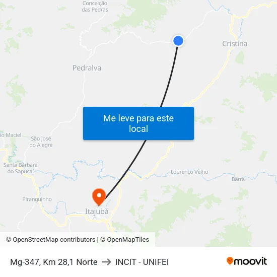 Mg-347, Km 28,1 Norte to INCIT - UNIFEI map