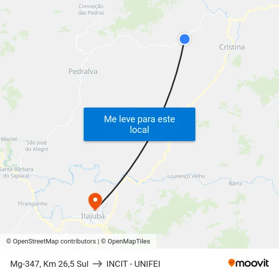 Mg-347, Km 26,5 Sul to INCIT - UNIFEI map