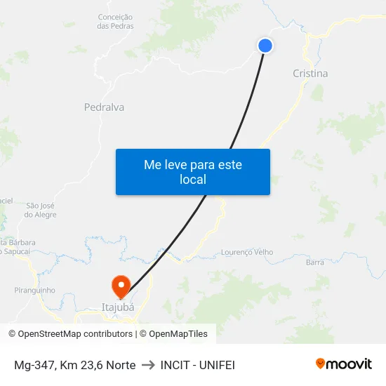 Mg-347, Km 23,6 Norte to INCIT - UNIFEI map