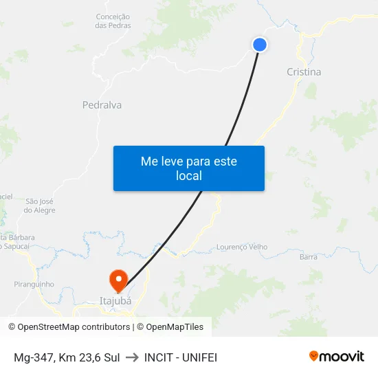 Mg-347, Km 23,6 Sul to INCIT - UNIFEI map