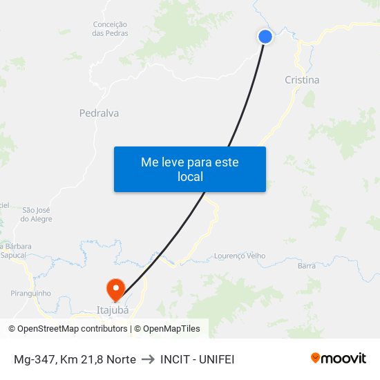 Mg-347, Km 21,8 Norte to INCIT - UNIFEI map