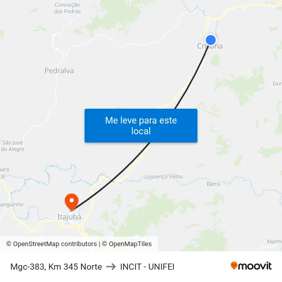 Mgc-383, Km 345 Norte to INCIT - UNIFEI map