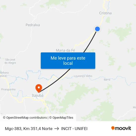 Mgc-383, Km 351,4 Norte to INCIT - UNIFEI map