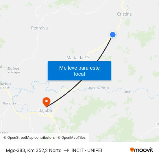 Mgc-383, Km 352,2 Norte to INCIT - UNIFEI map