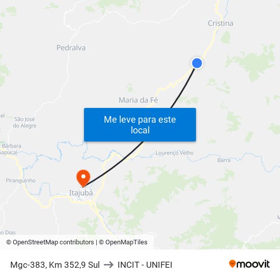 Mgc-383, Km 352,9 Sul to INCIT - UNIFEI map