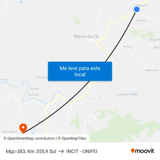 Mgc-383, Km 355,9 Sul to INCIT - UNIFEI map