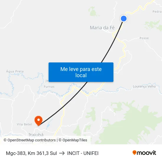 Mgc-383, Km 361,3 Sul to INCIT - UNIFEI map