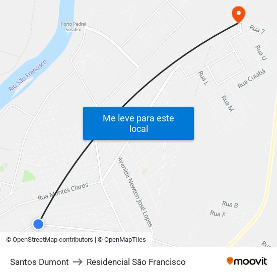 Santos Dumont to Residencial São Francisco map