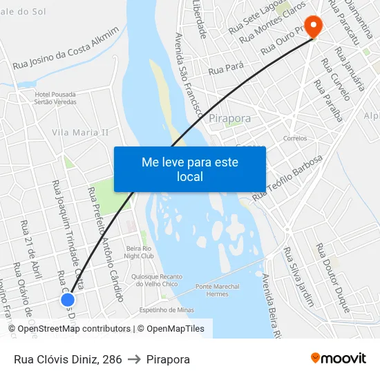 Rua Clóvis Diniz, 286 to Pirapora map