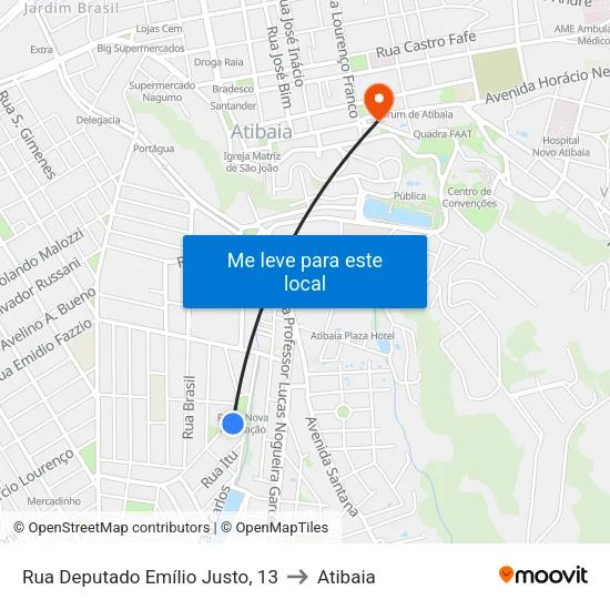 Rua Deputado Emílio Justo, 13 to Atibaia map