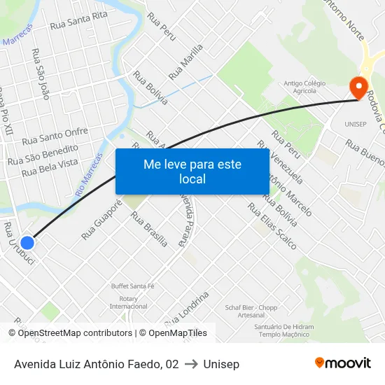 Avenida Luiz Antônio Faedo, 02 to Unisep map