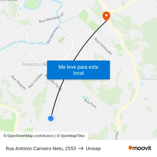 Rua Antônio Carneiro Neto, 2553 to Unisep map