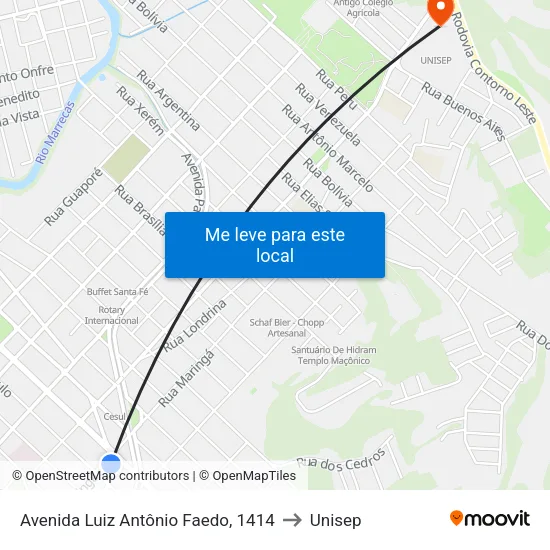 Avenida Luiz Antônio Faedo, 1414 to Unisep map