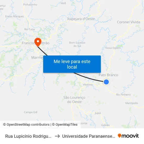 Rua Lupicínio Rodrigues, 706 to Universidade Paranaense Unipar map