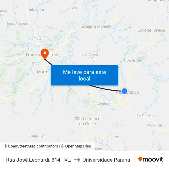 Rua José Leonardi, 314 - Vila Esperança to Universidade Paranaense Unipar map