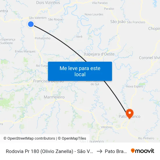 Rodovia Pr 180 (Olivio Zanella) - São Valentim to Pato Branco map