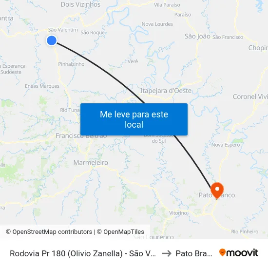 Rodovia Pr 180 (Olivio Zanella) - São Valentim to Pato Branco map