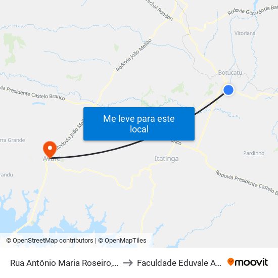 Rua Antônio Maria Roseiro, 883 to Faculdade Eduvale Avaré map