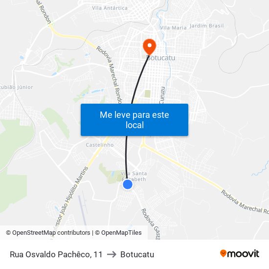 Rua Osvaldo Pachêco, 11 to Botucatu map