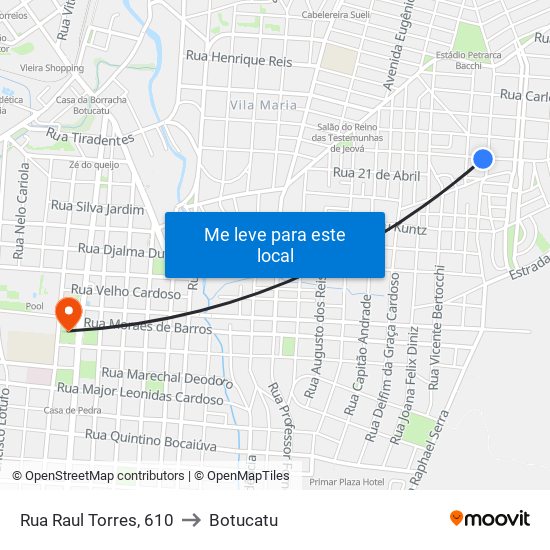 Rua Raul Torres, 610 to Botucatu map