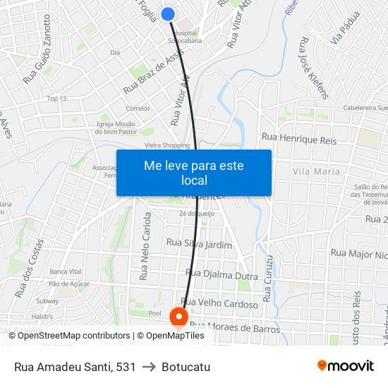 Rua Amadeu Santi, 531 to Botucatu map