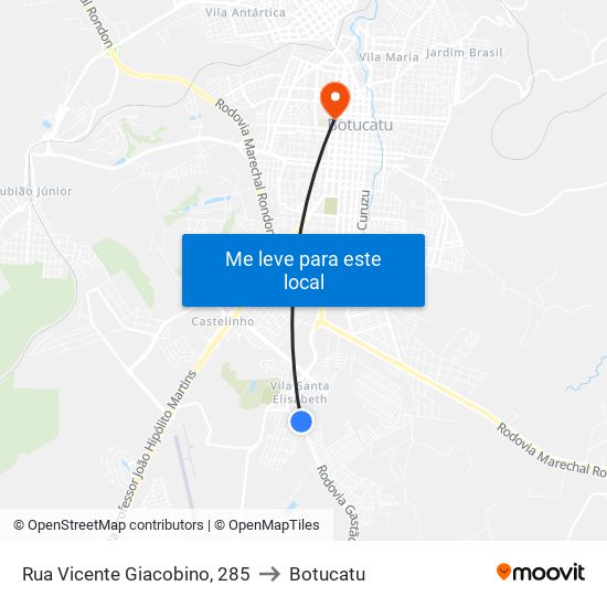 Rua Vicente Giacobino, 285 to Botucatu map