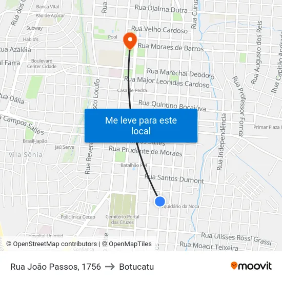 Rua João Passos, 1756 to Botucatu map