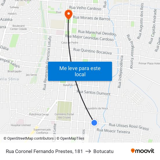 Rua Coronel Fernando Prestes, 181 to Botucatu map