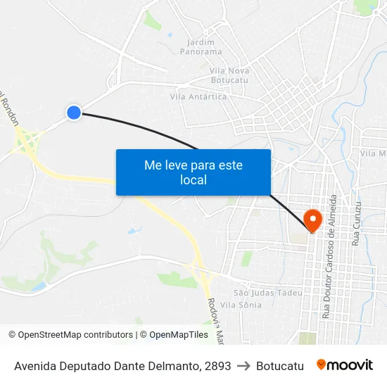 Avenida Deputado Dante Delmanto, 2893 to Botucatu map