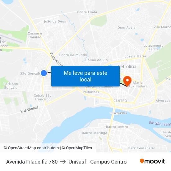Avenida Filadélfia 780 to Univasf - Campus Centro map