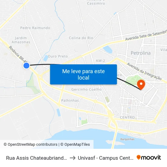 Rua Assis Chateaubriand 1 to Univasf - Campus Centro map