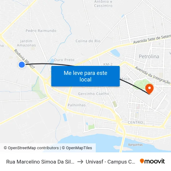 Rua Marcelino Simoa Da Silva 16 to Univasf - Campus Centro map