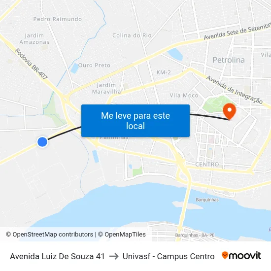 Avenida Luiz De Souza 41 to Univasf - Campus Centro map